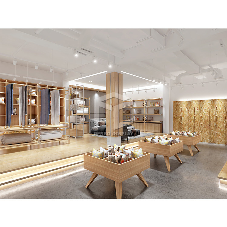 Custom Metal Bedding Store Display Racks Wooden Home Textile Store Display Cabinet